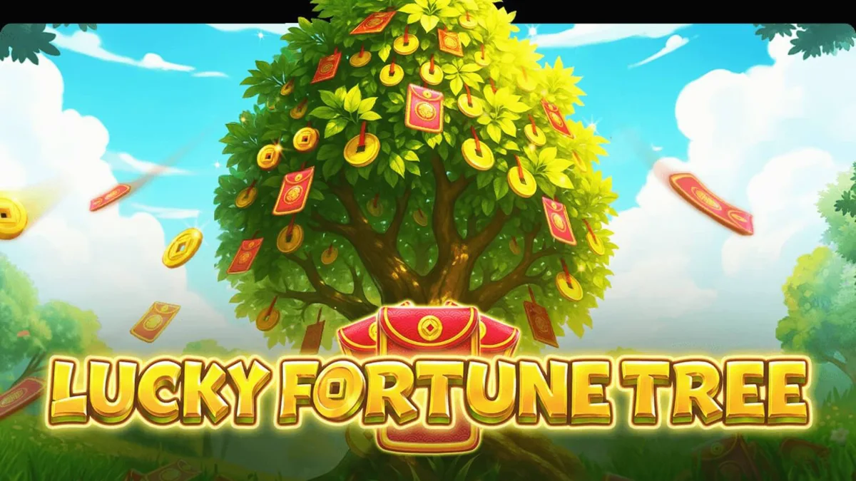Pemandangan visual slot Lucky Fortune Tree dengan latar belakang lembah dan pohon emas