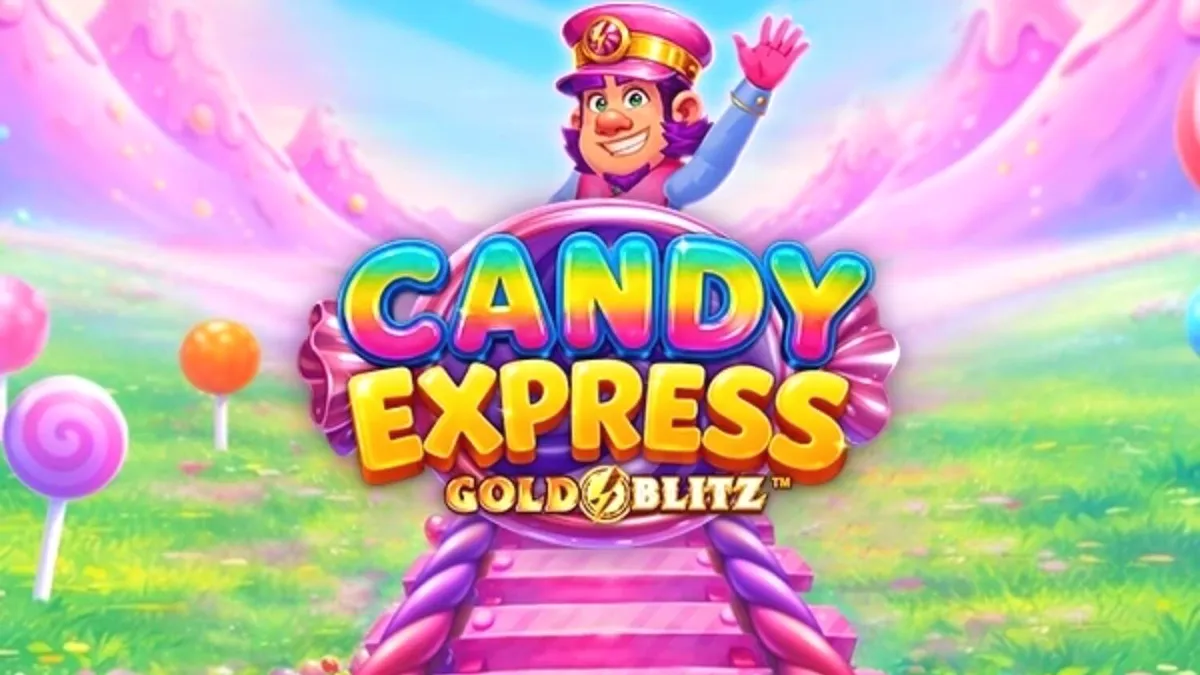 Tampilan visual ceria dan penuh warna dari slot Candy Express Gold Blitz dengan elemen permen dan kereta api.