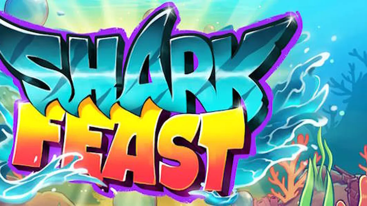 Tampilan visual ceria dan penuh warna dari slot Shark Feast dengan tema pesta bawah laut neon.