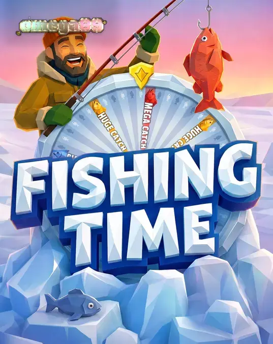 Tampilan visual permainan Fishing Time dengan latar belakang danau beku dan roda keberuntungan