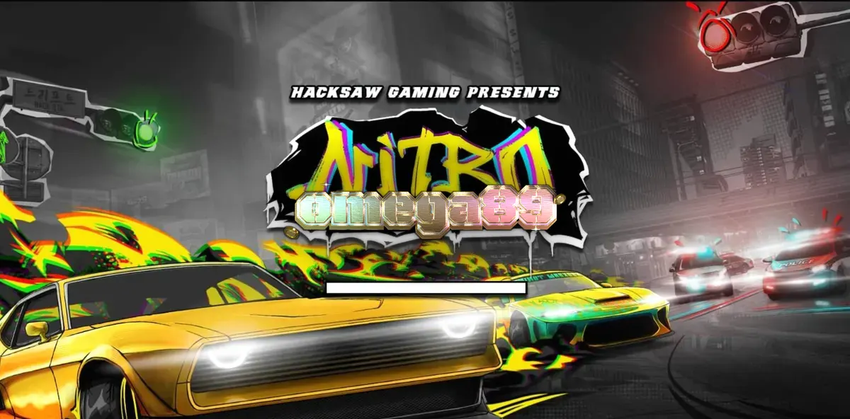 Tampilan visual game slot Nitro Nights dengan tema balap neon